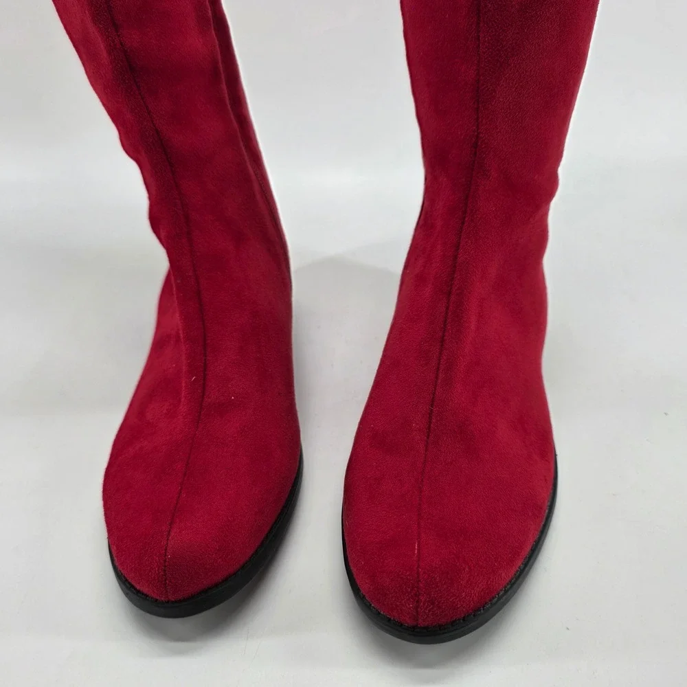 Impo Knee High Boots Red Faux Suede Remember Tall 7 M Buckle Whimsigoth Y2K Mod
